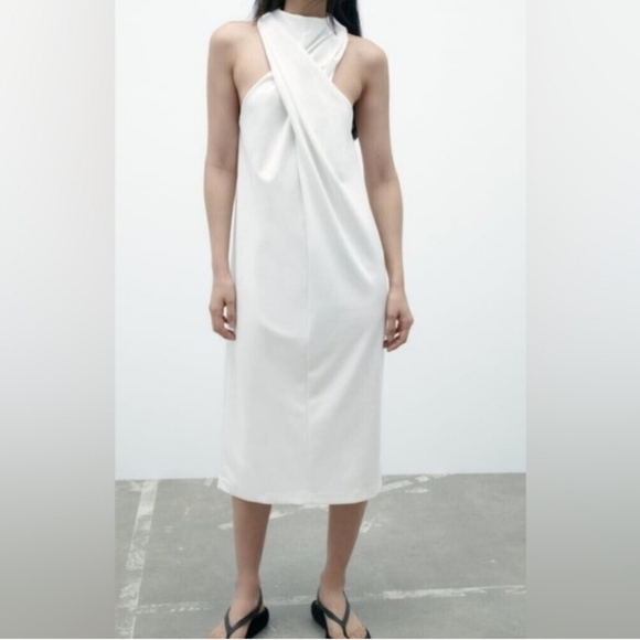 New Zara Knotted Front Detail Sleeveless White Midi Dress NWT Small - Picture 1 of 16